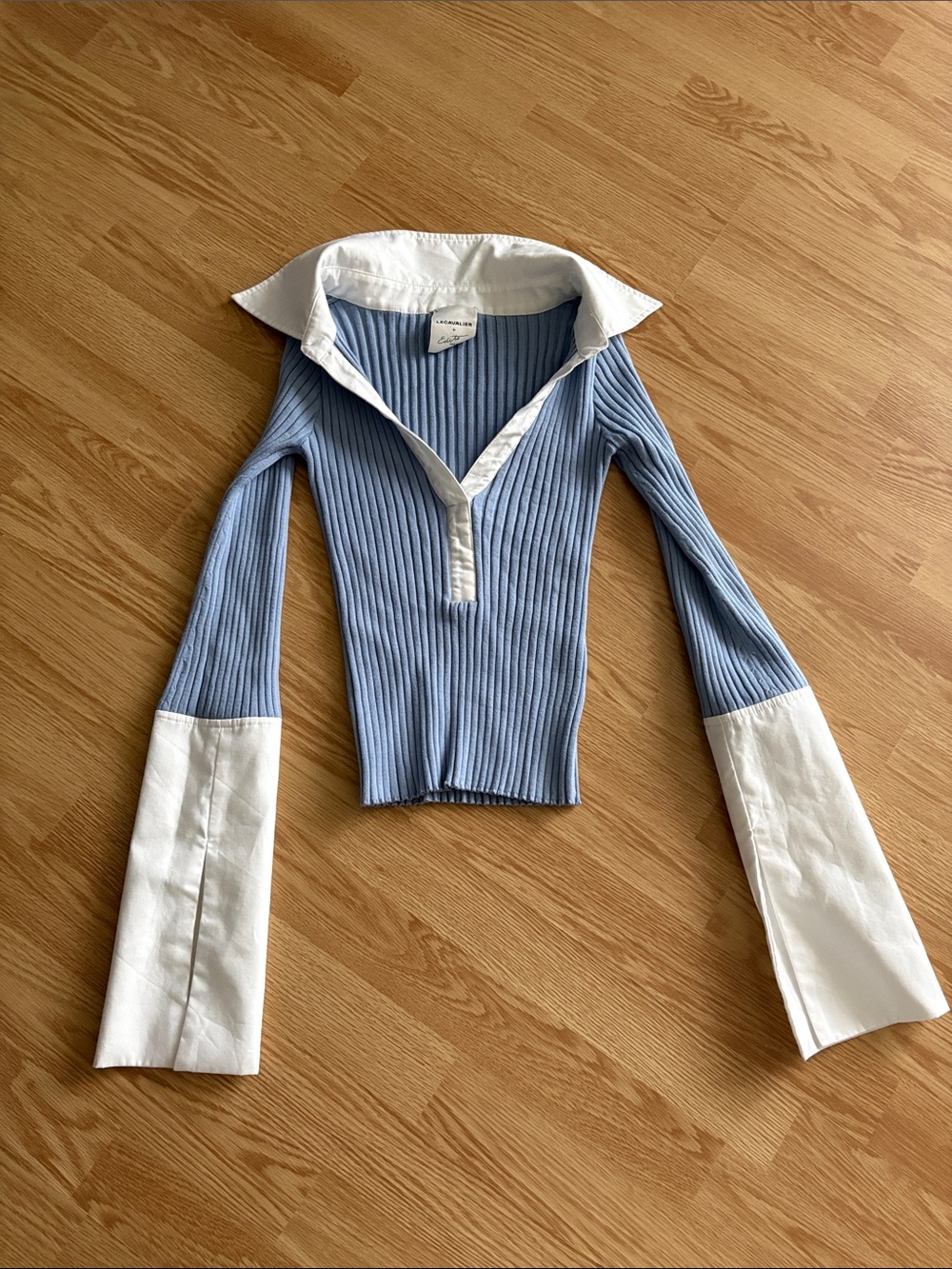 Simons Blue Ribbed Polo Top with White Collar and Cuffs